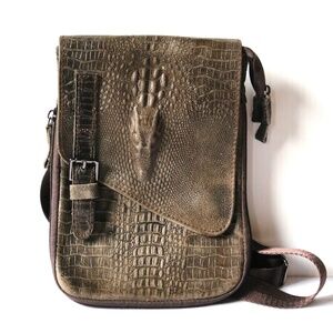 Small Messenger Bag Crossbody Purse Faux Croc Alligator Leather Brown Textured